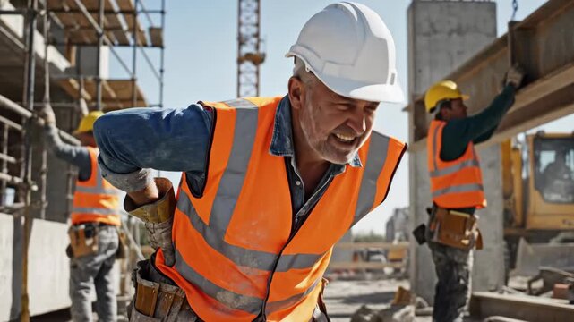 Construction worker experiencing back pain while working on a building site.