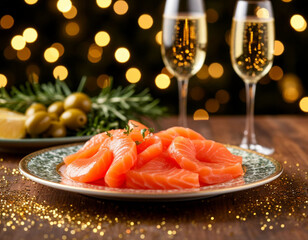 champagne, salmon and olives