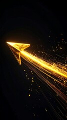 Glowing golden arrow, pointing upwards, surrounded by light trails, on a black background