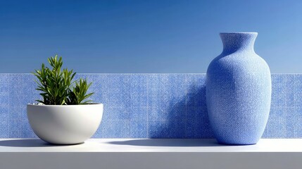 A white ceramic pot with a green plant sits on a white shelf next to a tall blue textured vase. Behind them is a blue tiled wall and a clear bright blue sky.