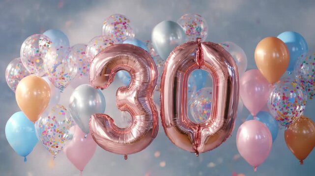 Celebrating 30th birthday with rose gold balloons and confetti
