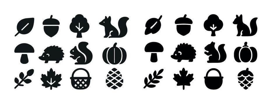 Autumn icons set: leaves, acorns, trees, squirrels, mushrooms, pumpkins