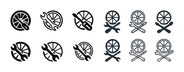 Bicycle repair icons set: wheels and tools in black and white designs