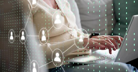 Woman typing on laptop for tech initiating network nodes overlaying scene while pausing, reading - Powered by Adobe