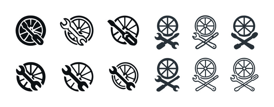 Bicycle repair icons set: wheels and tools in black and white designs