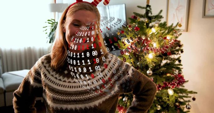 Binary overlay sweeping across face causing woman turning toward camera, creating tech holiday shot
