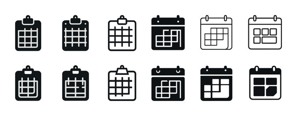 Set of 12 calendar and checklist icons: black and white minimalist design