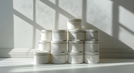 Arrangement of white cosmetic jars stacked on a white surface with shadows on the background wall