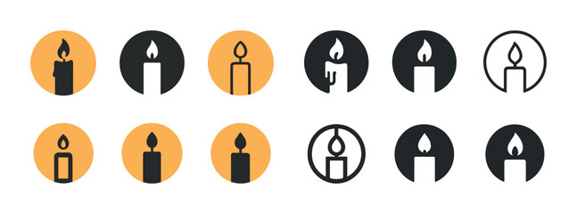 Set of candle icons in black and yellow circular designs