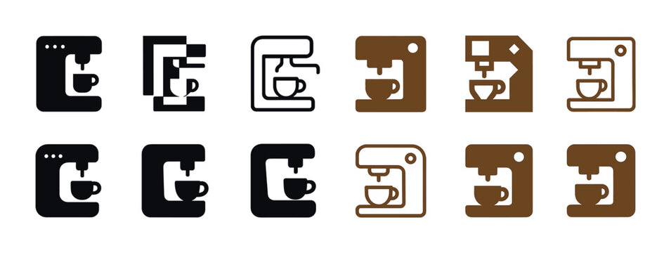 Coffee maker icons set in black and brown illustrating various espresso machine designs