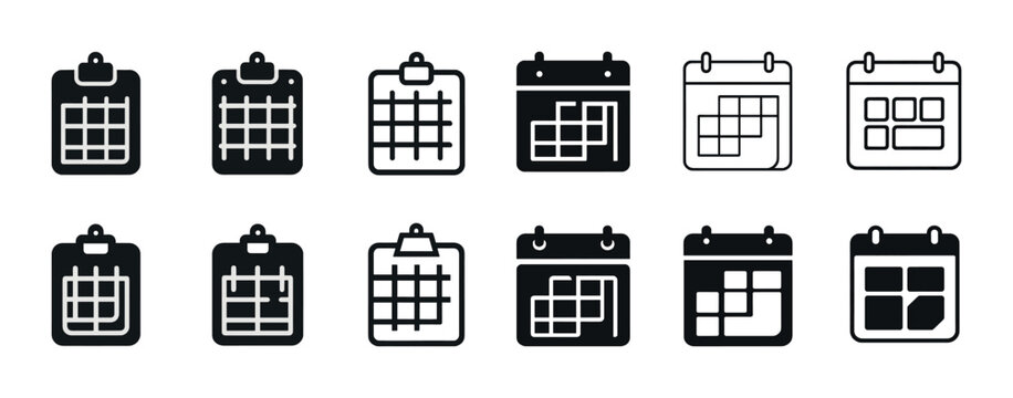 Set of 12 calendar and checklist icons: black and white minimalist design