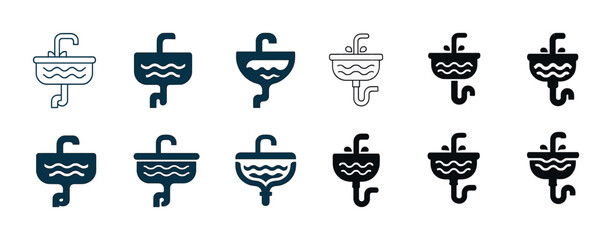 Set of sink icons in different styles showing faucets and basins