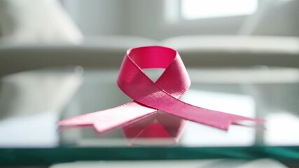 A close-up shot of a pink ribbon, a symbol of breast cancer awareness, resting on a glass surface.