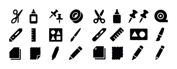 Fototapeta premium Collection of black stationery icons featuring scissors, glue, tape, pencil, and ruler