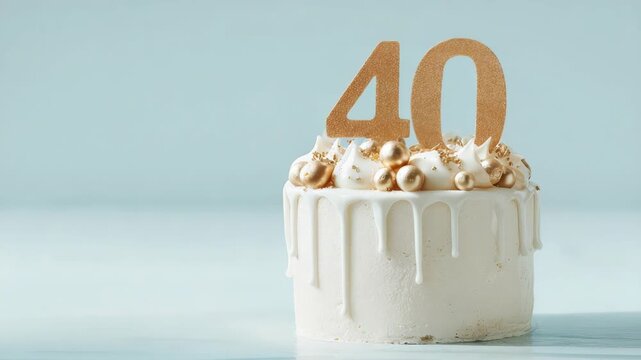 Elegant 40th birthday cake with gold decorations and white frosting