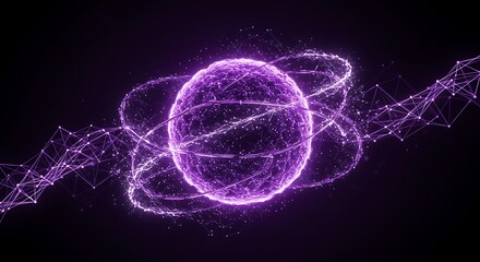 Glowing sphere surrounded by swirling particles and interconnected nodes on a dark background