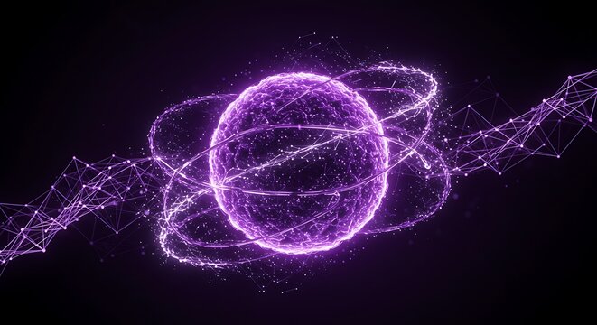 Glowing sphere surrounded by swirling particles and interconnected nodes on a dark background