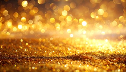 Glowing golden background with blurred circular highlights and sparkling ground texture
