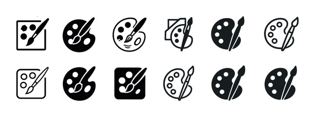 Set of artistic paint palette icons with brushes in various styles