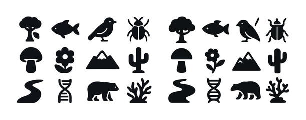 Naklejka premium Nature icons: trees, animals, plants, landscapes in simple black silhouettes
