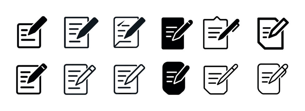 Collection of pen and paper icons in various styles and shapes