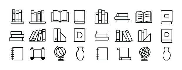 Library icons set: books, globes, vases, notebooks in outline style