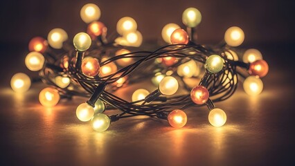 Vintage-style warm fairy lights with muted color palette, perfect for holiday card designs