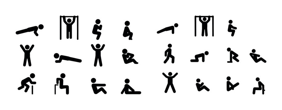 Stick figure exercise routines: push-ups, pull-ups, squats, and more