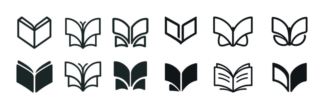 Set of book and butterfly icon designs in minimalist styles