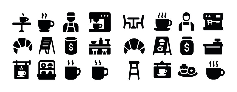 Coffee shop icons: espresso, croissant, barista, cafe, mug, pastry, signage - Powered by Adobe