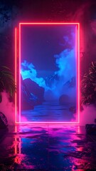Glowing neon rectangle, portal to a fantastical landscape with mountains and reflections