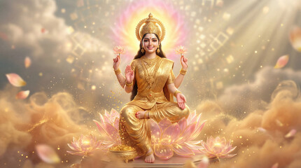 Golden goddess lakshmi radiating divine light and prosperity, seated on a lotus amidst ethereal clouds