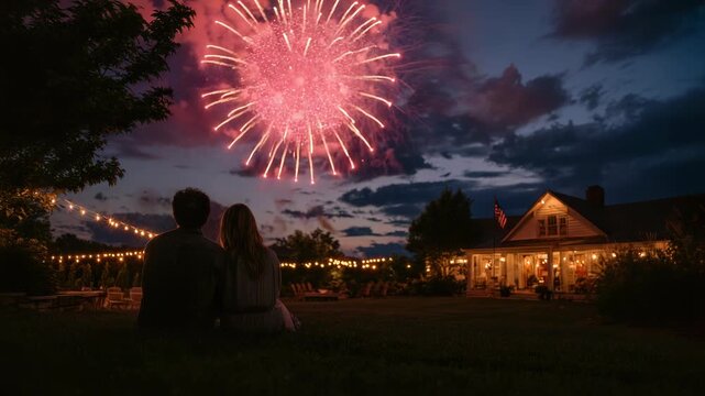 Couple watches july 4th fireworks over their home in suburban backyard