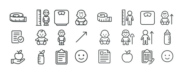Baby growth and development icons set with measuring tools and charts