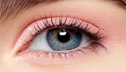 Obraz premium A detailed macro shot of a human eye with a blue iris, framed by long, dark eyelashes and subtle pink eyeshadow. The lighting is soft and diffused, highlighting
