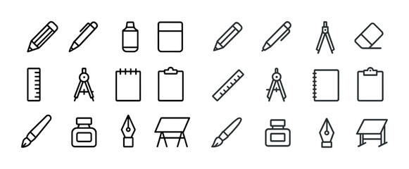 Outline icons of drafting tools: pencils, rulers, notebooks, compasses, erasers