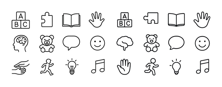 Collection of educational icon set featuring abc blocks, puzzle pieces, and hands