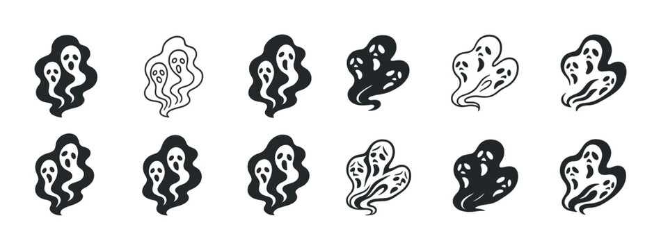 Set of twelve halloween ghost icons in black and white