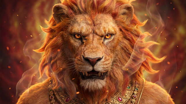Powerful and majestic lion deity with a fiery mane and intense gaze, embodying strength and divine power