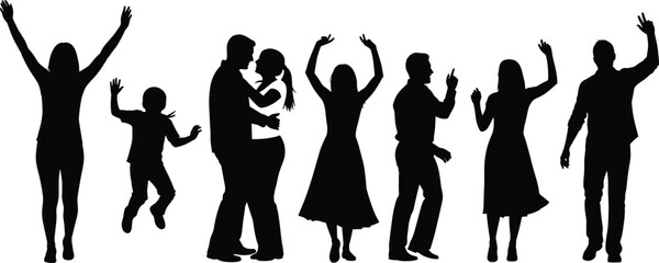 Black silhouette collection of happy, diverse people dancing, celebrating, hugging, and enjoying a lively social party or event with arms raised in joy and freedom.