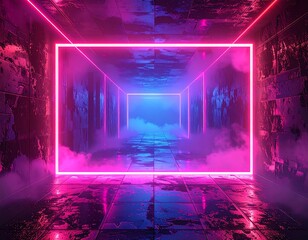 Glowing neon rectangle tunnel with fog and mirrored surface. Abstract modern, futuristic vibe