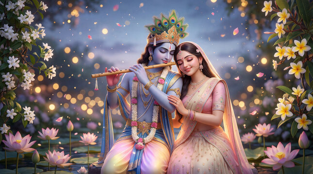 Lord krishna playing flute with radha in a beautiful, ethereal garden surrounded by glowing lights and lotus flowers
