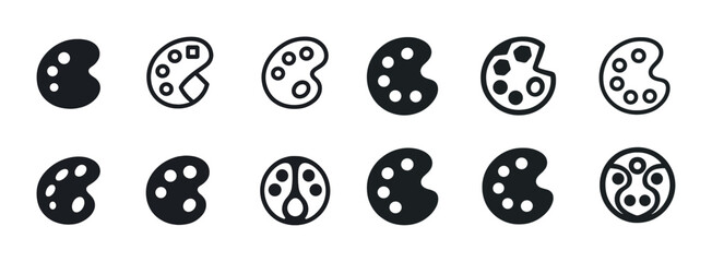 Set of twelve various black and white artist palette icons