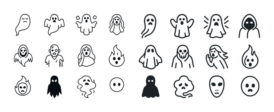 Collection of 24 cartoon ghost icons in various styles