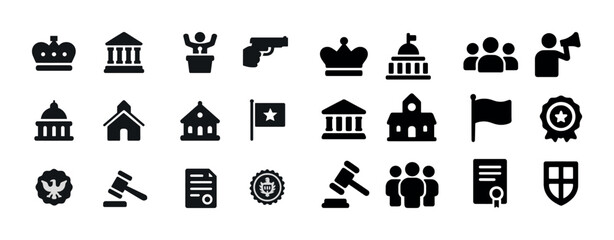 Government and law icons set featuring court, flag, gavel, and building symbols