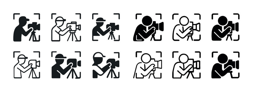 Icon set of photographers with cameras and tripods in various poses