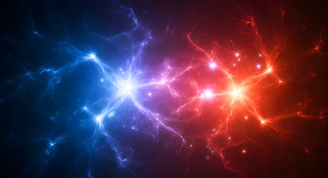 Abstract nebula background with blue and red energy fields colliding in a cosmic illustration