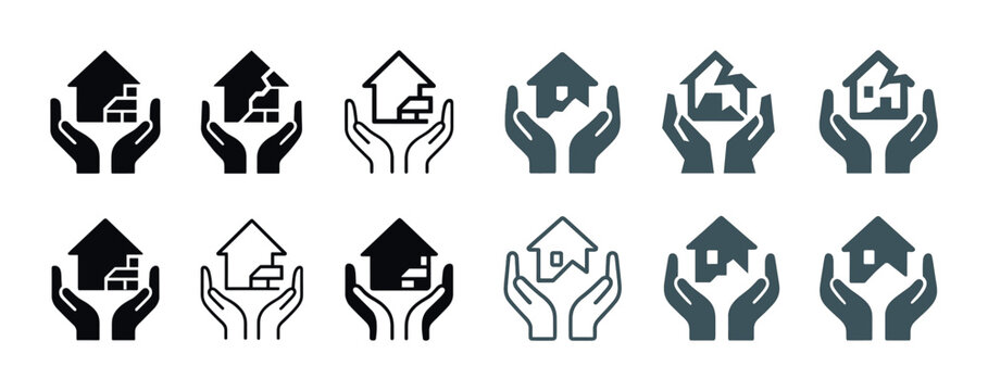 Variety of house and hand icon designs showcasing home security and care concepts