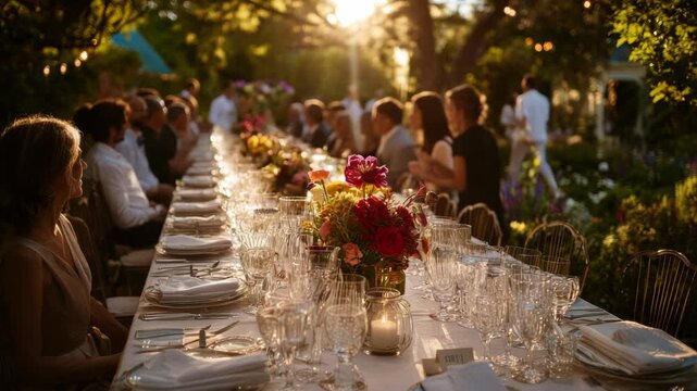 Elegant outdoor dinner party with long table and sunset lighting