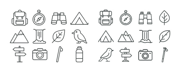 Naklejka premium Outline camping icons set: backpack, compass, binoculars, tent, nature symbols